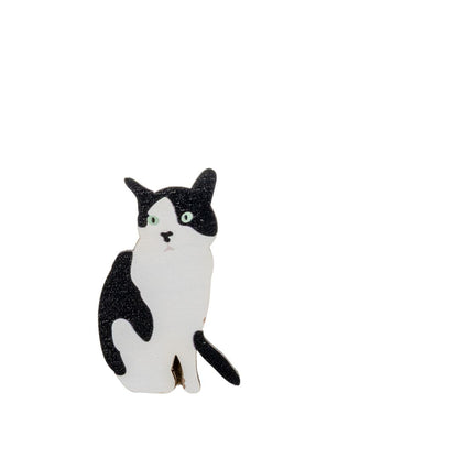 Cat Badge - tuxedo cat wooden pin badge