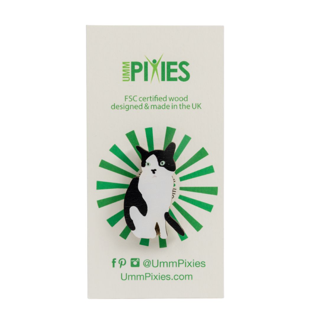 Cat Badge - tuxedo cat wooden pin badge