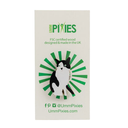 Cat Badge - tuxedo cat wooden pin badge