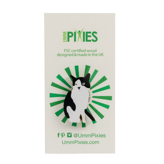 Cat Badge - tuxedo cat wooden pin badge
