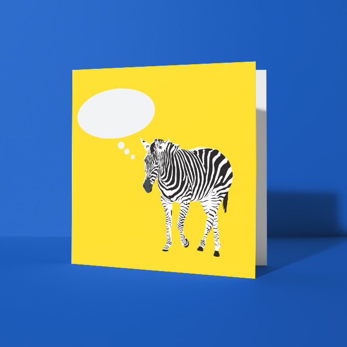 Yellow Square Greetings Card with Chapmans Zebra illustration and speech bubble to fill in in order to personalise the card - shown on blue background