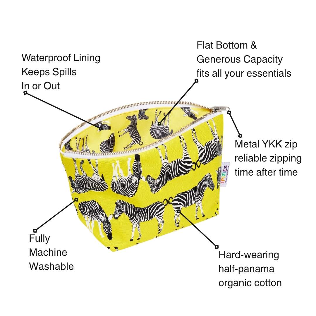 Yellow pouch with zebra pattern and features listed on a white background