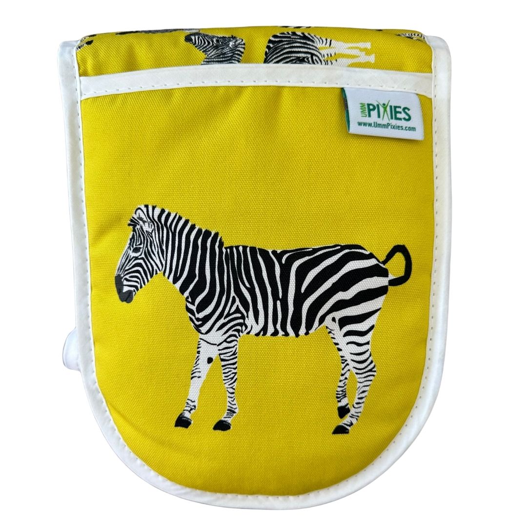 Close up of Left Mitt of Yellow Zebra design oven gloves