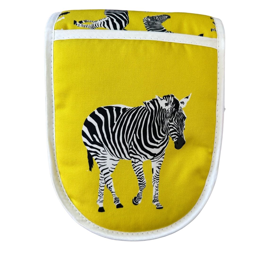 Close up of Right Mitt of Yellow Zebra design oven gloves