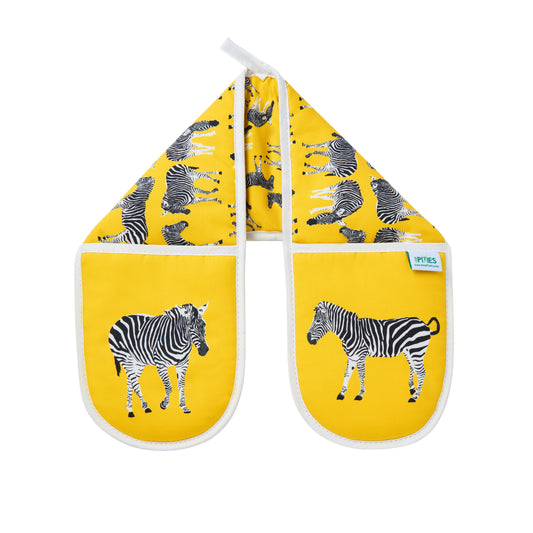 Pair of bright yellow oven mitts with zebra design 