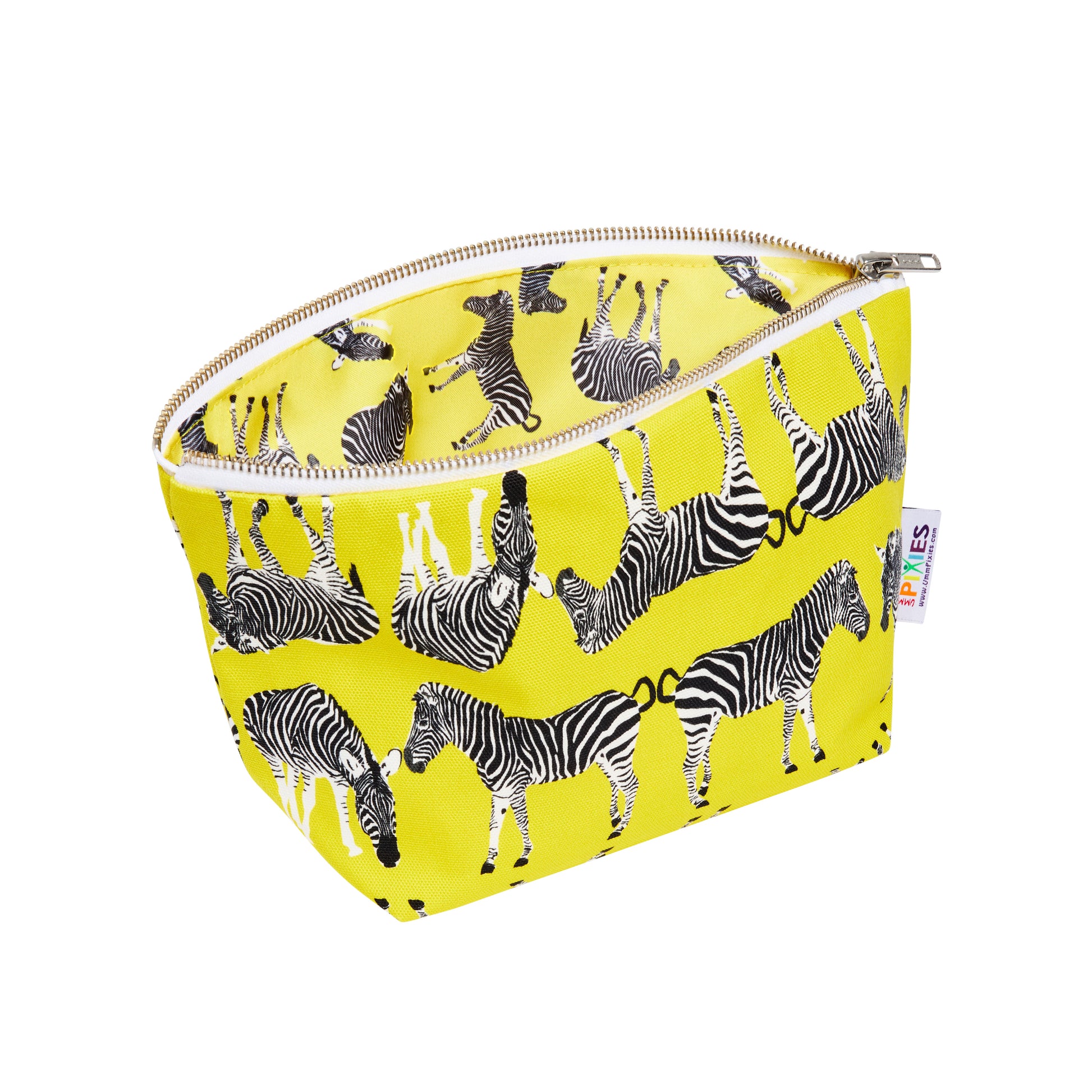 Zippered  pouch with zebra pattern on a yellow background