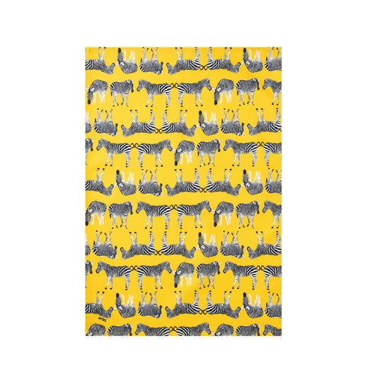 bright yellow cotton tea towel with Zebra illustrations
