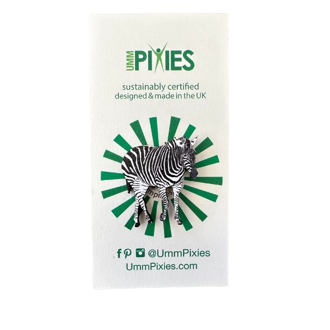 Zebra wooden pin badge on display card