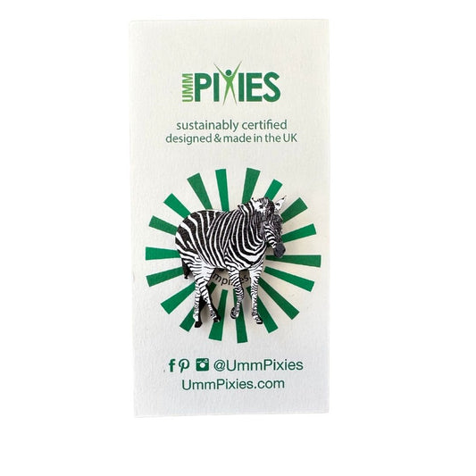 Zebra wooden pin badge on display card