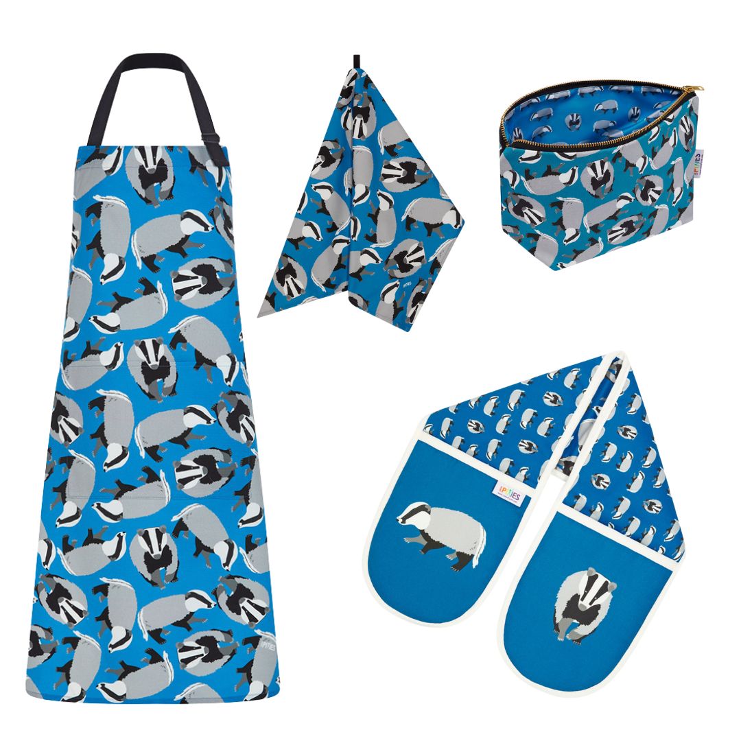 collection available as aprons, tea towels, oven gloves really useful bags, make a set as a gift for the badger friend in your life