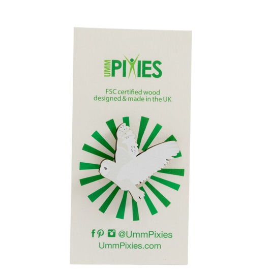 white wooden barn owl lapel bin badge