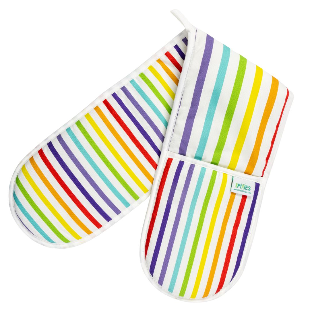 Pair of wide rainbow striped oven mitts on a white background
