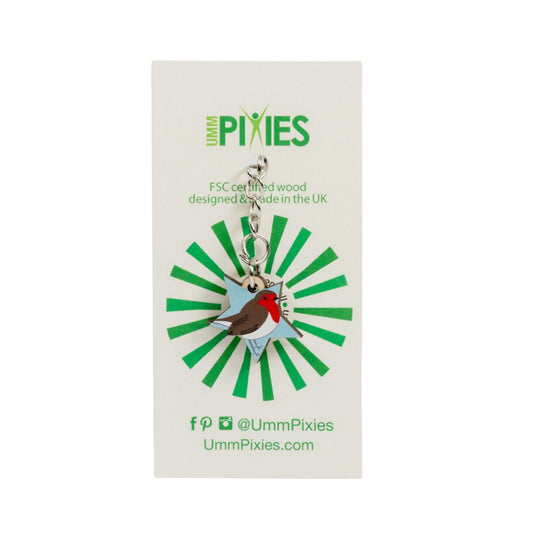 Umm Pixies Robin Redbreast on star shaped wooden charm keyring on a branded card with green and white design