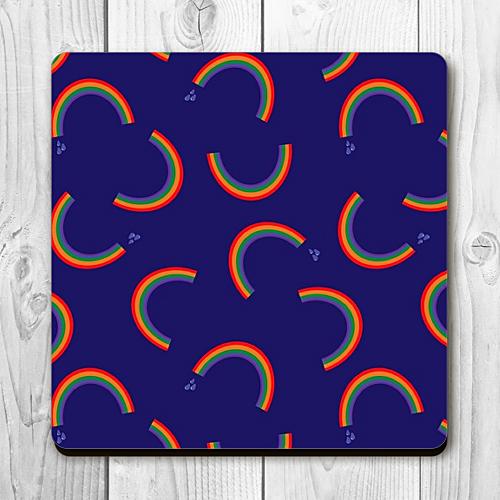 scattered rainbow coaster from UmmPixies FSC certified board and cork, designed and made in Britain, bright joyful rainbows