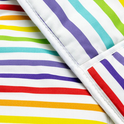 Close-up of colourful wide rainbow striped oven gloves