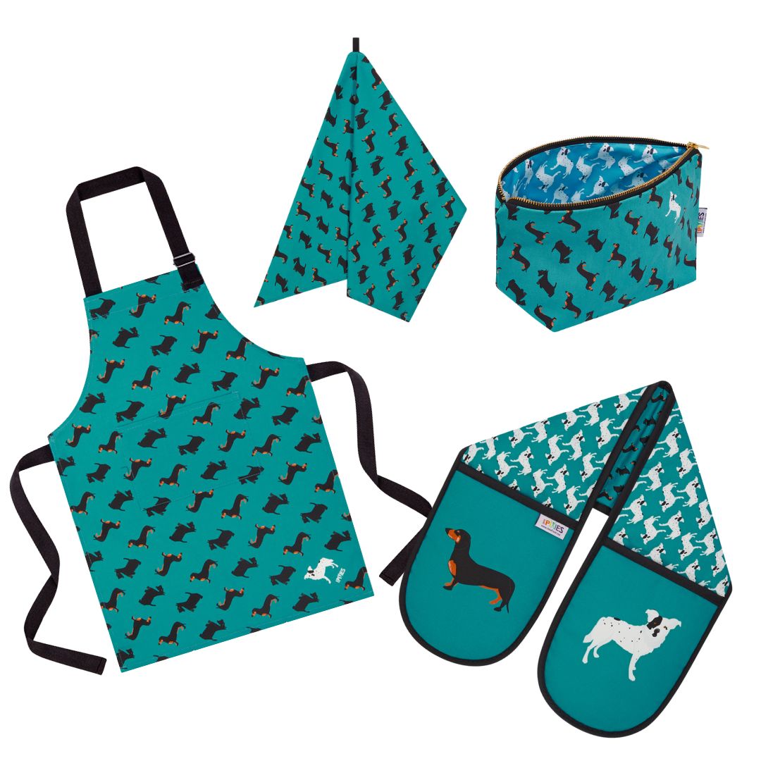 dogtooth collection available as aprons, tea towels, oven gloves really useful bags