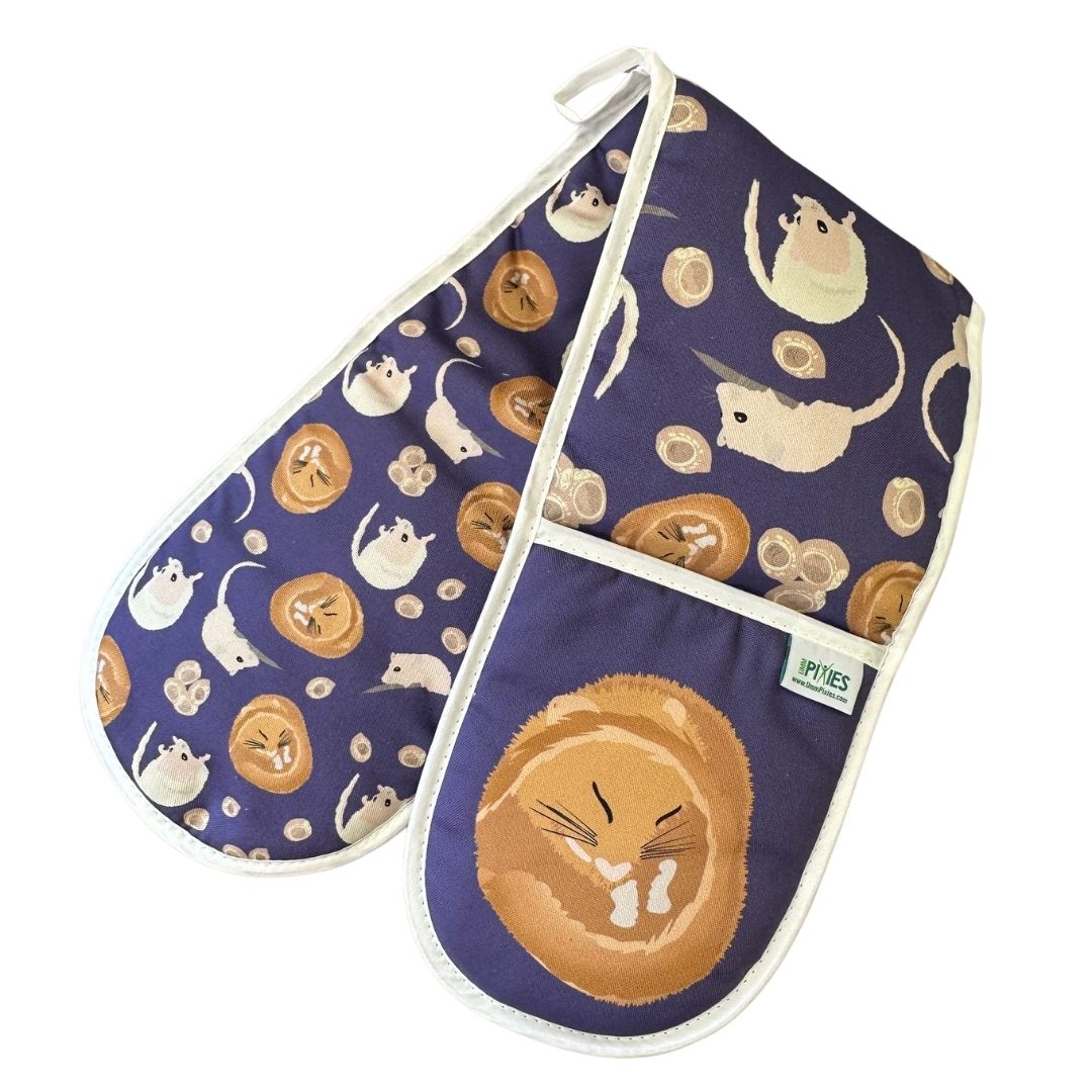 Rich Purple Hazel Dormouse design organic cotton Oven Mitts 
