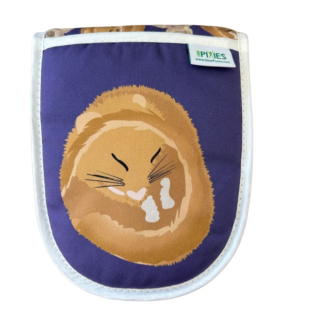 Close up of Left mitt of purple hazel dormouse design Oven gloves from UmmPixies