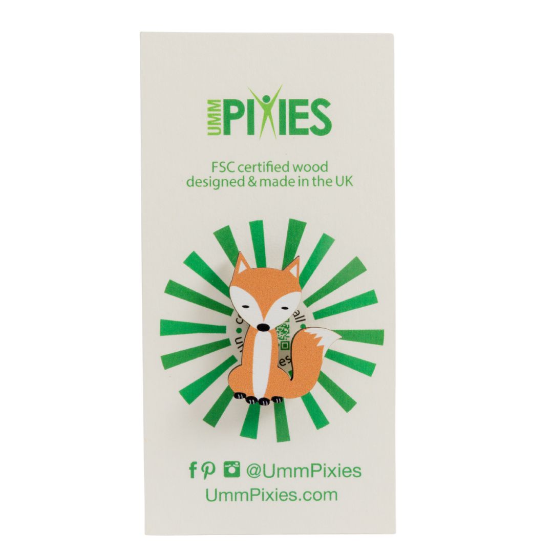 Fox wooden pin badge  - sitting fox