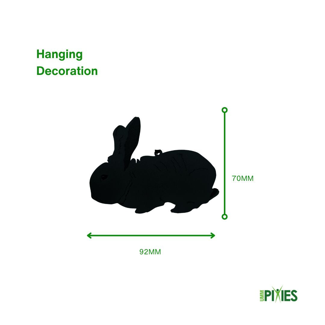 Black silhouette of a giant British rabbit  hanging decoration with dimensions on a white background