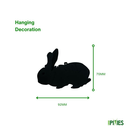 Black silhouette of a giant British rabbit  hanging decoration with dimensions on a white background