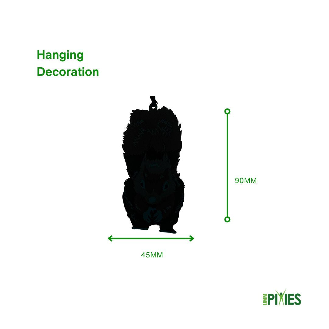 Black silhouette of a red squirrel  hanging decoration with dimensions on a white background