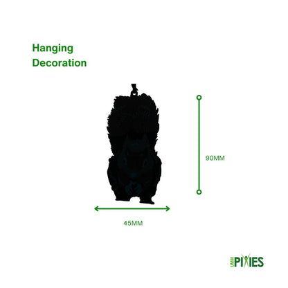 Black silhouette of a red squirrel  hanging decoration with dimensions on a white background