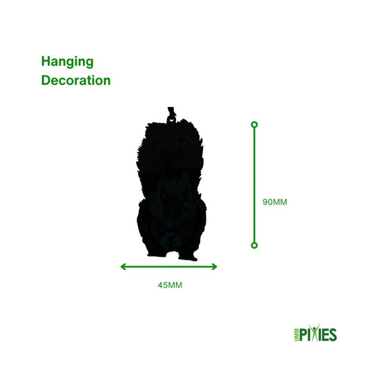 Black silhouette of a red squirrel  hanging decoration with dimensions on a white background