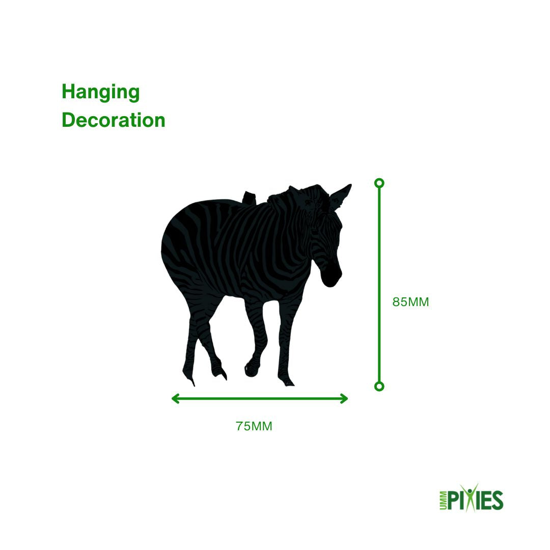 Black silhouette of a zebra hanging decoration with dimensions on a white background
