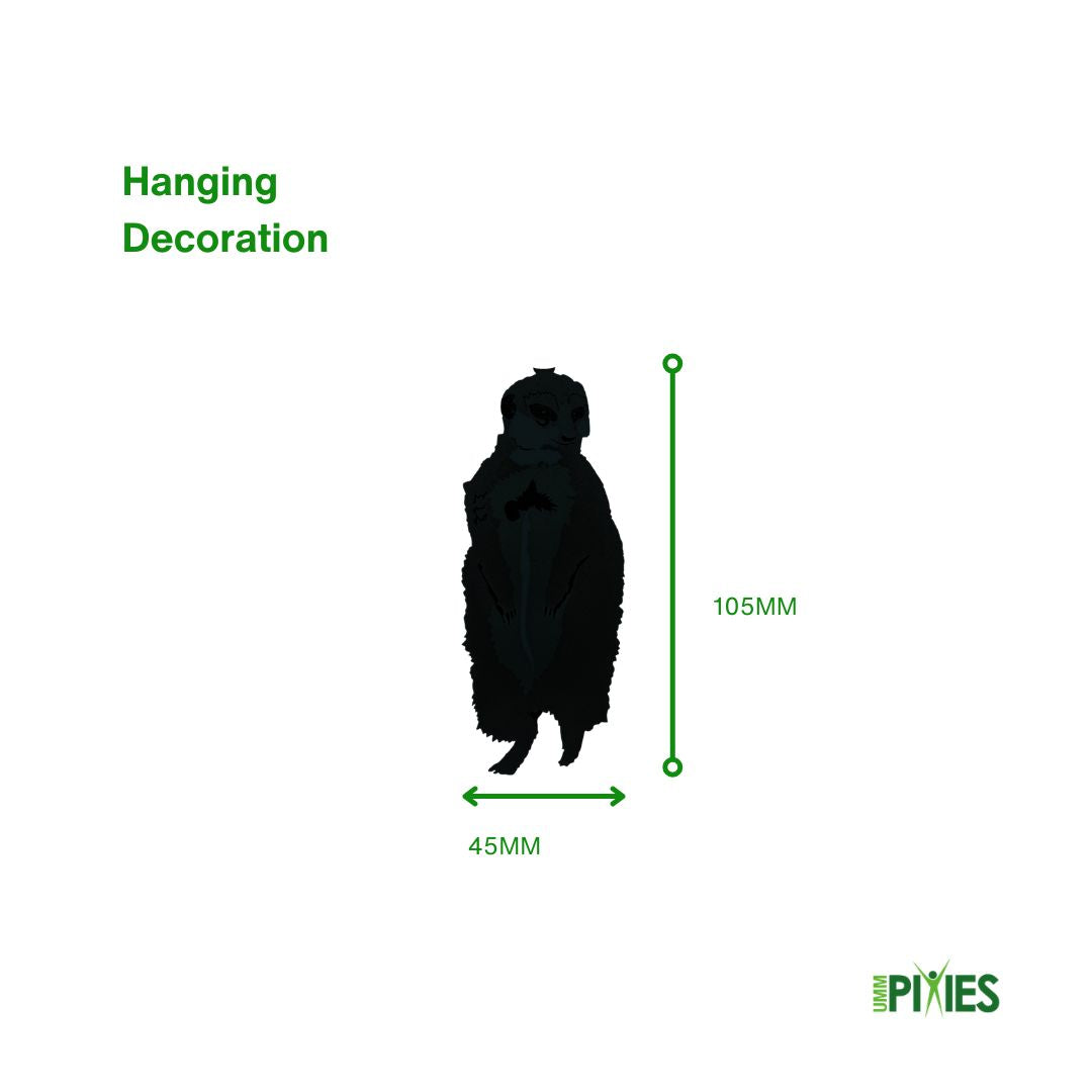 Black silhouette of a meerkat hanging decoration with dimensions on a white background