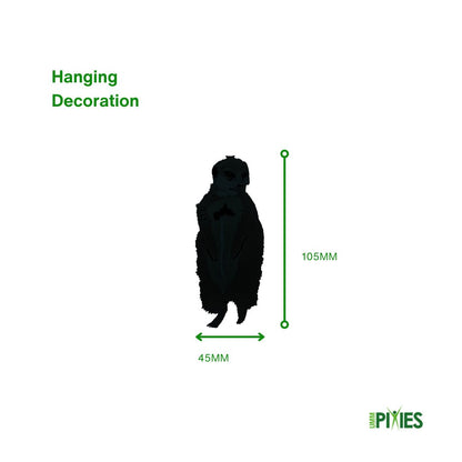 Black silhouette of a meerkat hanging decoration with dimensions on a white background