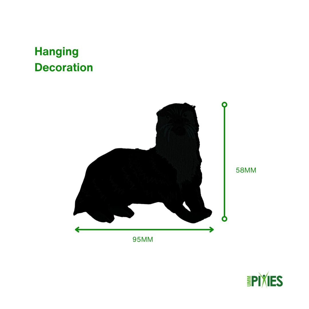 Black silhouette of an otter  hanging decoration with dimensions on a white background
