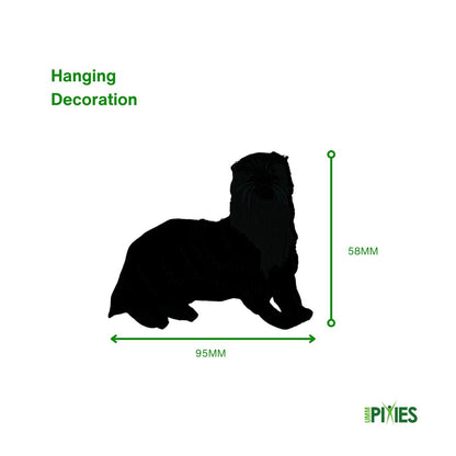 Black silhouette of an otter  hanging decoration with dimensions on a white background