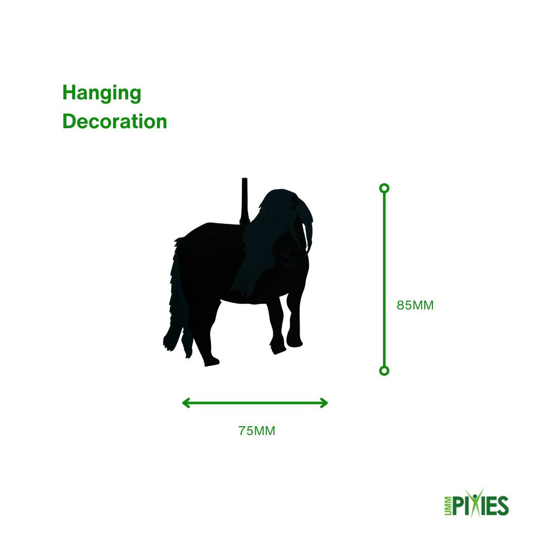 Black silhouette of a shetland pony hanging decoration with dimensions on a white background
