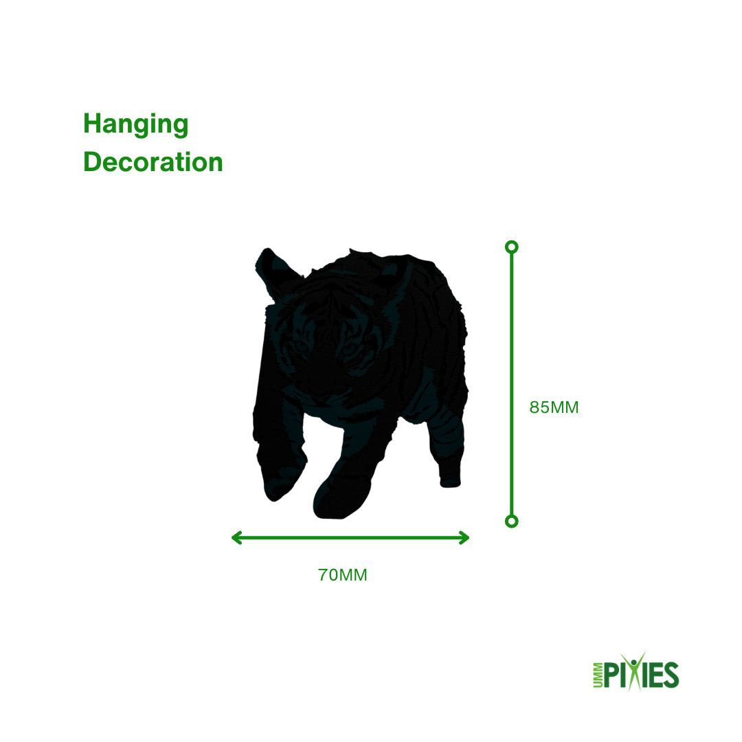 Black silhouette of a tiger cub hanging decoration with dimensions on a white background