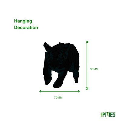 Black silhouette of a tiger cub hanging decoration with dimensions on a white background