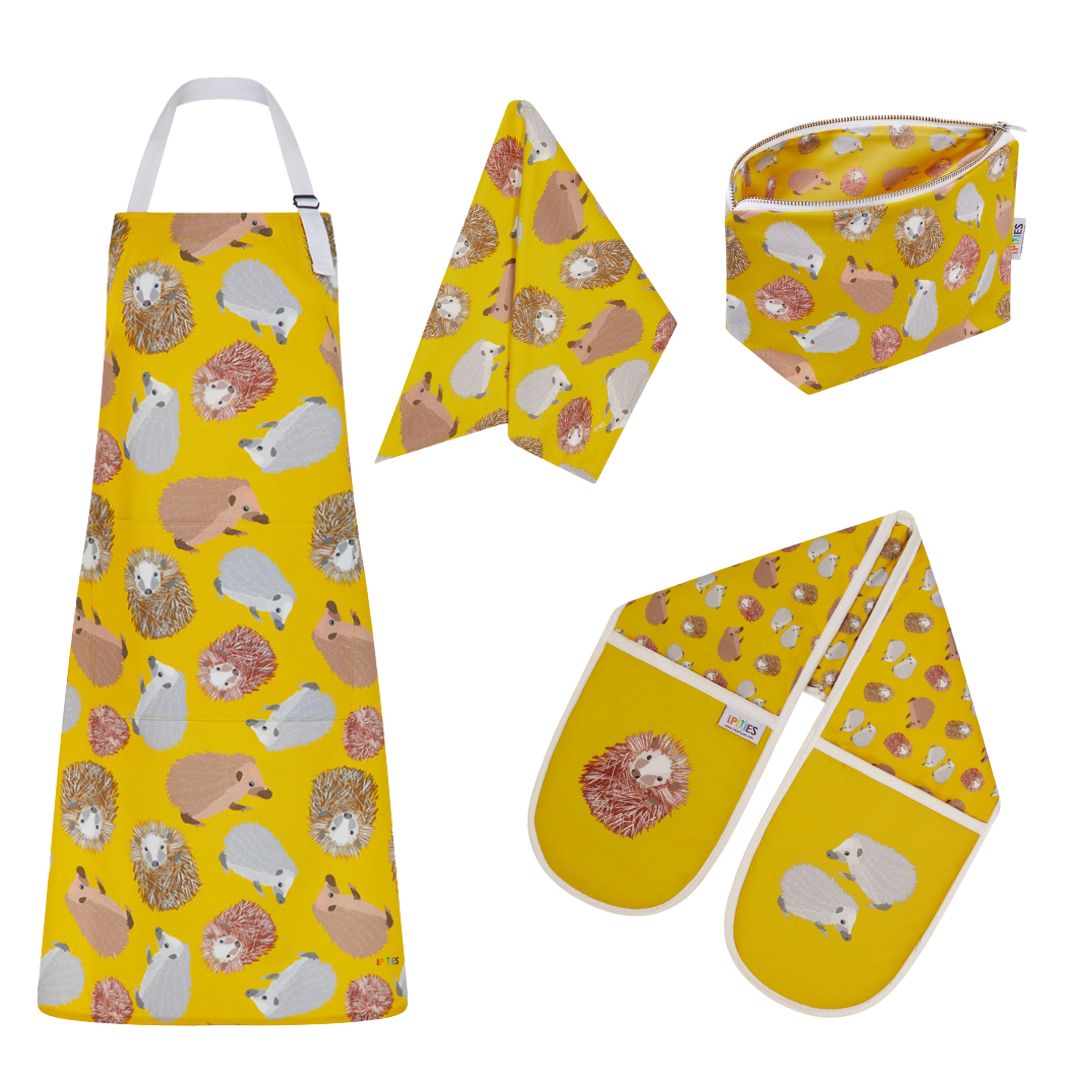 hedgehog collection available as aprons, tea towels, oven gloves really useful bags