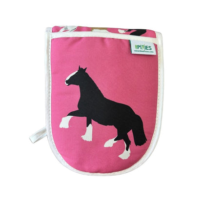 close up of left hand Pink oven mitt with a black shire horse design on a white background