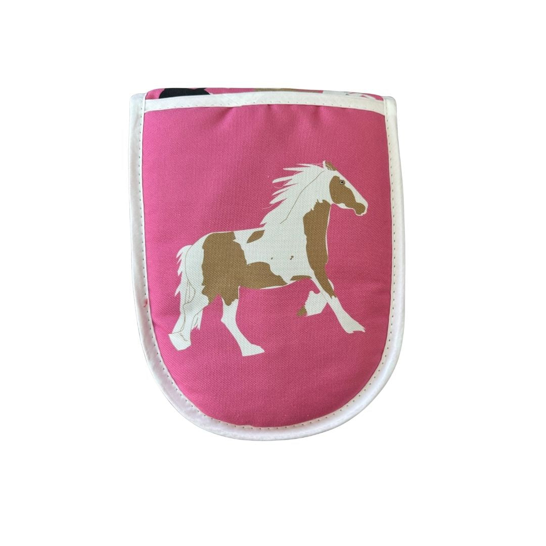 close up of Pink oven mitt with a horse design on a white background