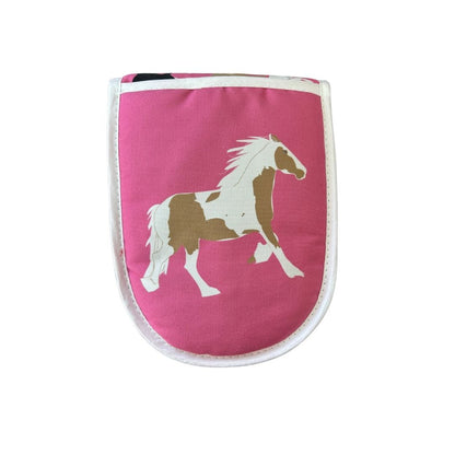 close up of Pink oven mitt with a horse design on a white background