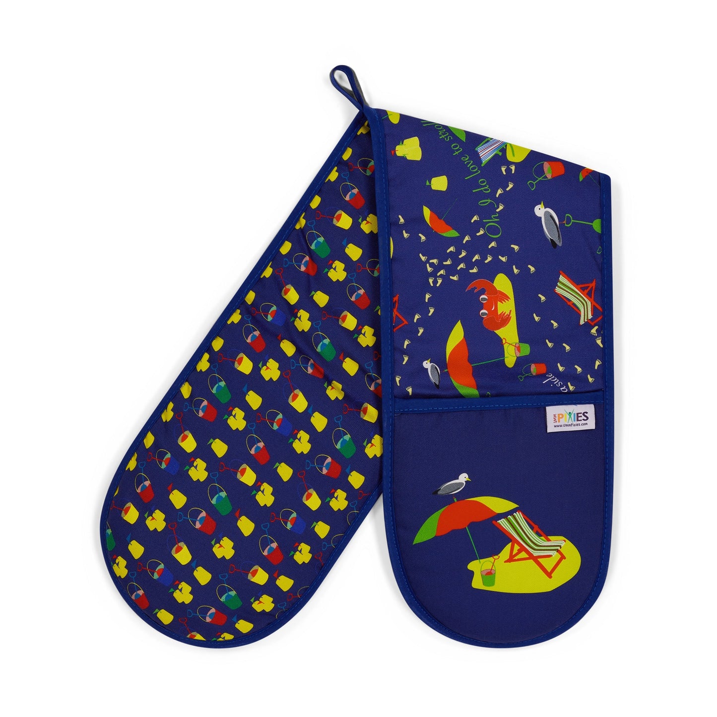 Organic Cotton Oven Gloves with illustrated seaside scenes