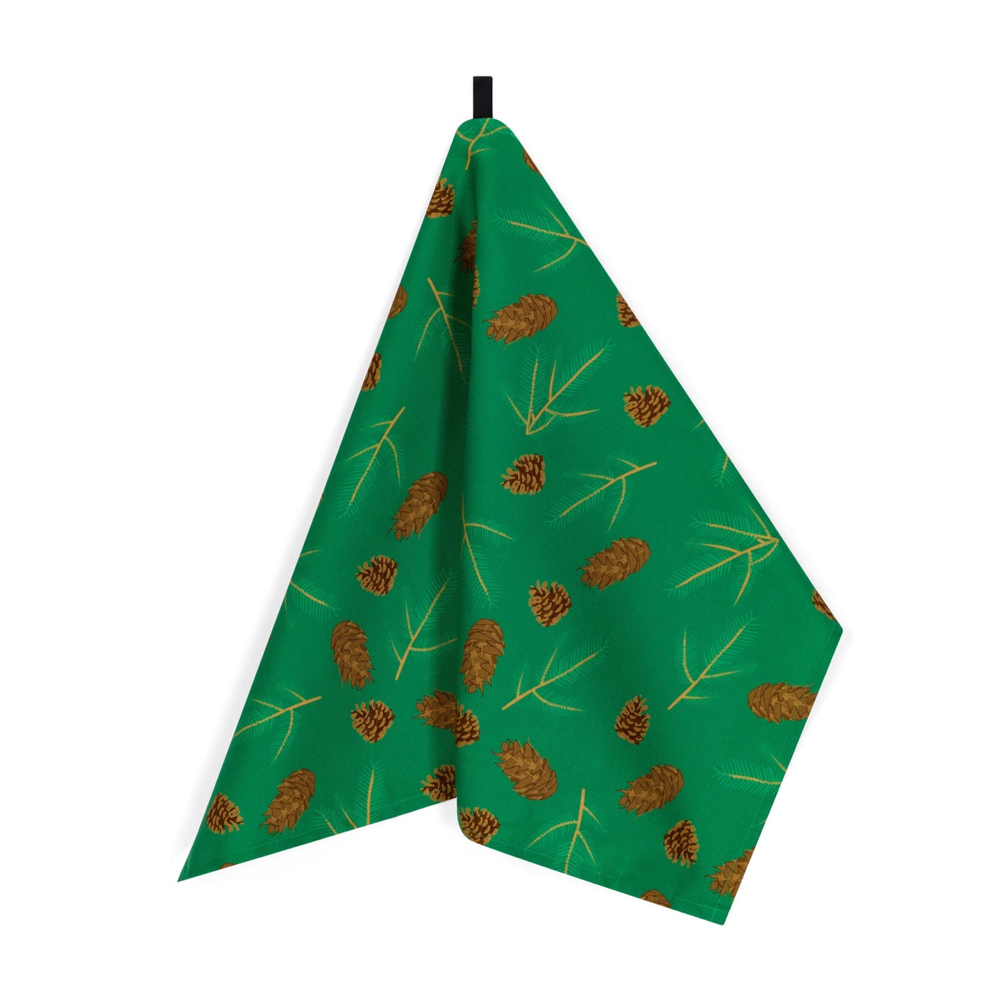 Green Organic Cotton Tea Towel with illustrated Douglas fir cones and spruce sprigs