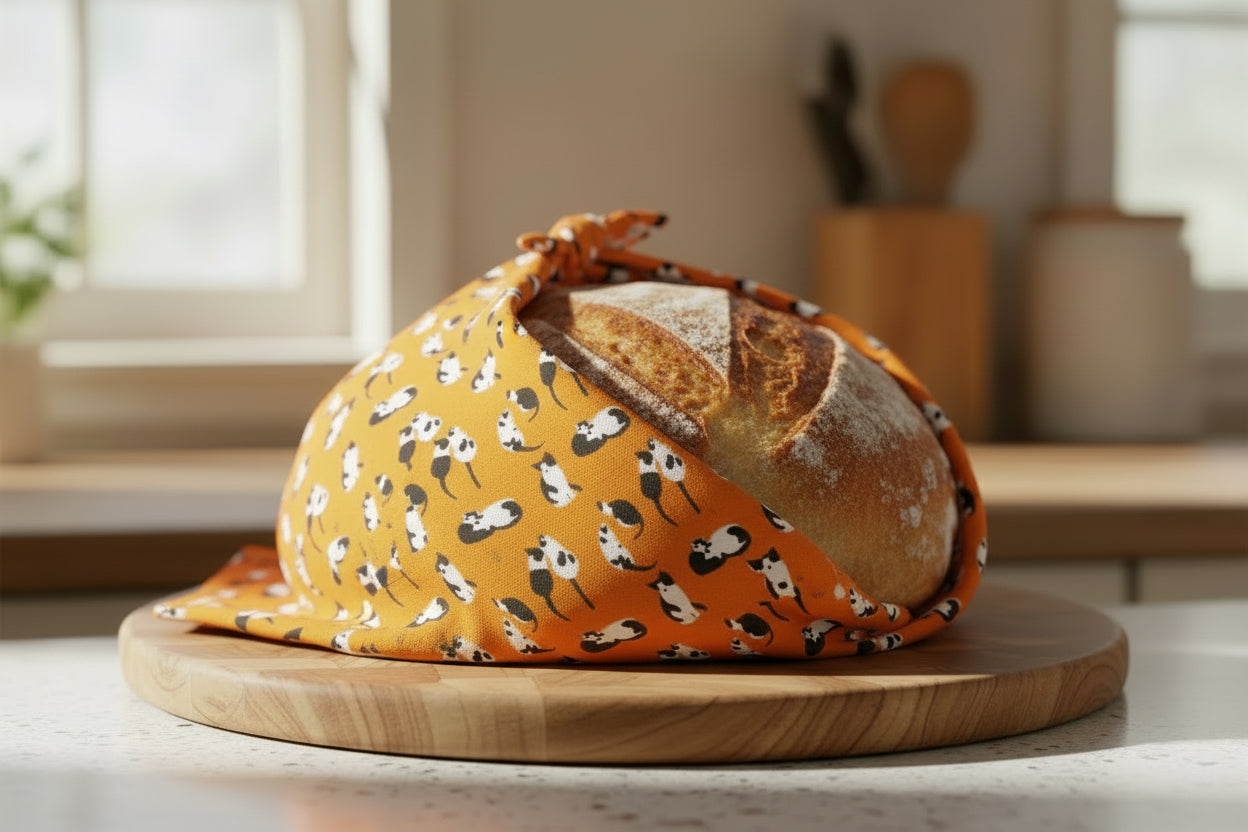 Vibrant orange cotton tea towel  featuring illustrations of black and white cats. Shown wrapped around a loaf of bread in a modern kitchen 