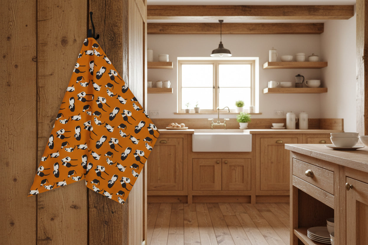Bright orange tea towel with black and white cat design shown hung in a hook on a kitchen area 