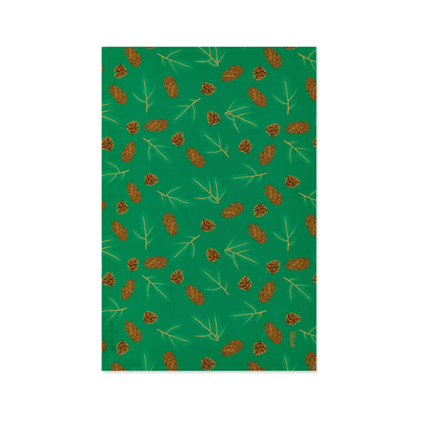 Green Organic Cotton Tea Towel with illustrated Douglas fir cones and spruce sprigs
