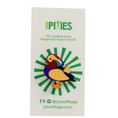 Mandarin Duck wooden pin badge