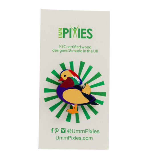 Mandarin Duck wooden pin badge