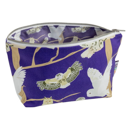 Purple organic cotton zipped pouch with printed waterproof lining. Illustrations by British designer UmmPixies featuring the 5 species of native British owls. Great gift for bird lovers and wildlife fans, illustrations include the barn owl, tawny owl and more