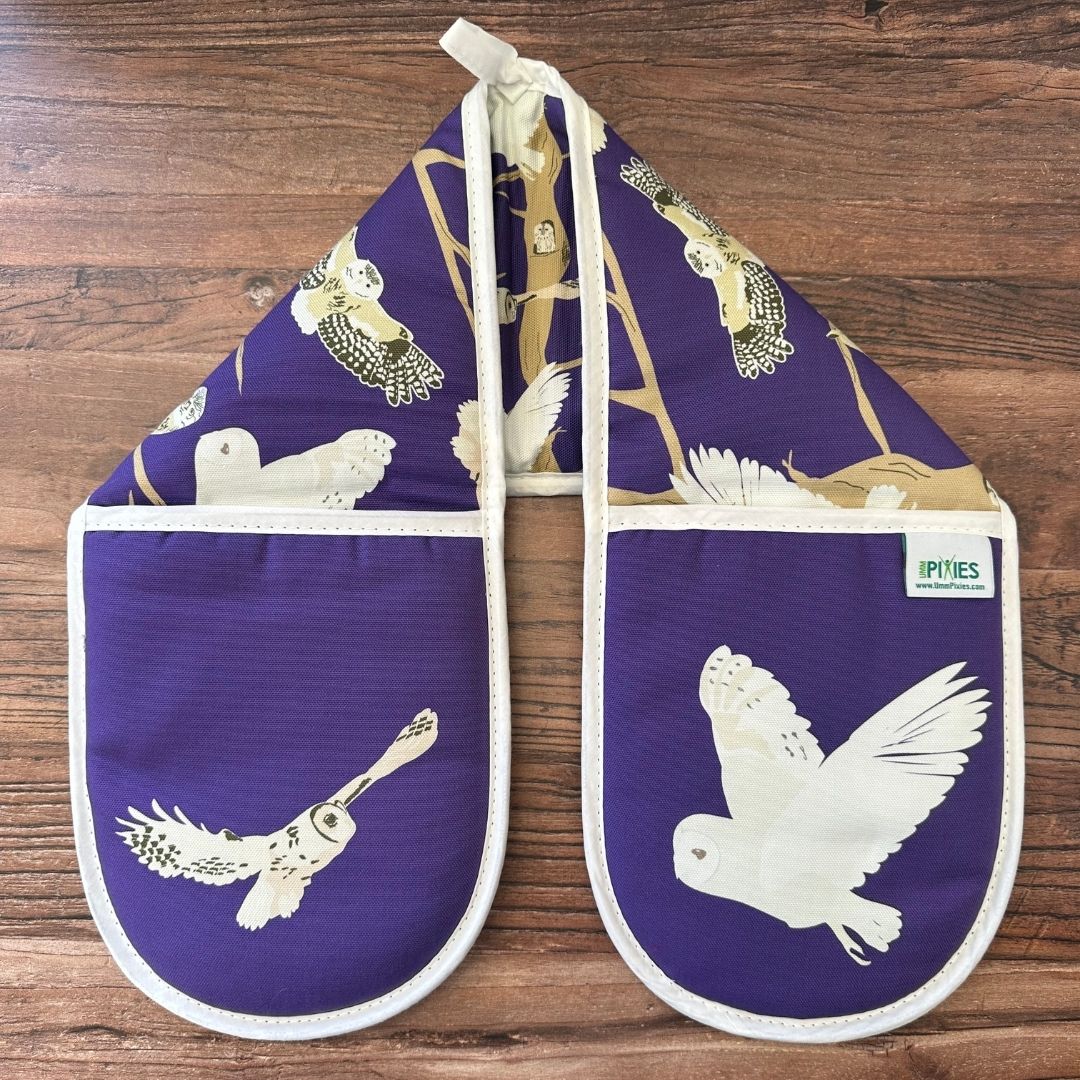 Purple organic cotton owls oven gloves
