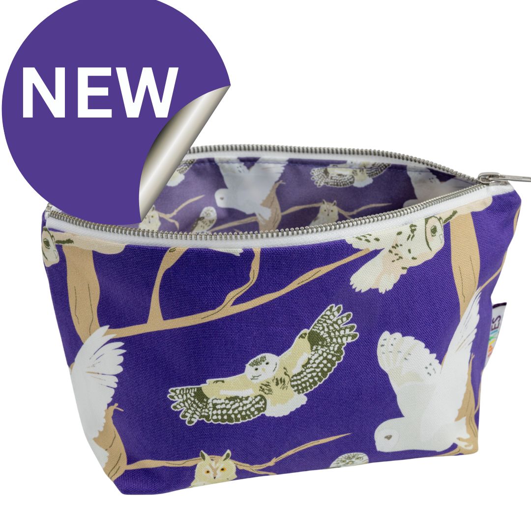 Purple organic cotton zipped pouch with printed waterproof lining. Illustrations by British designer UmmPixies featuring the 5 species of native British owls. Great gift for bird lovers and wildlife fans, illustrations include the barn owl, tawny owl and more